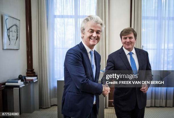 Dutch King Willem-Alexander welcomes PVV party leader Geert Wilders at the Noordeinde Palace in The Hague, on November 22, 2017. After the...