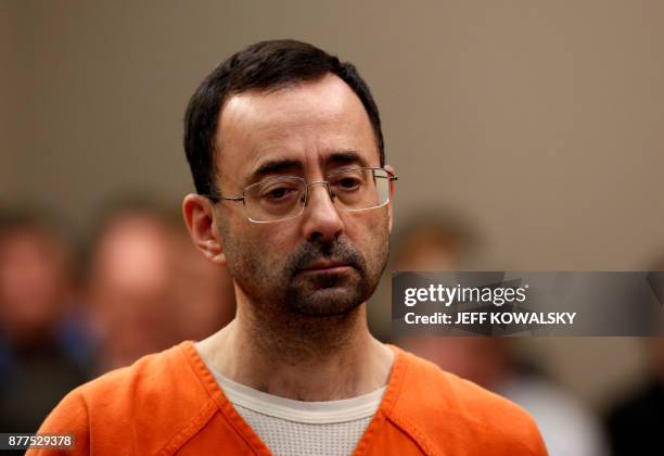 Former Michigan State University and USA Gymnastics doctor Larry Nassar appears at Ingham County Circuit Court on November 22, 2017 in Lansing,...