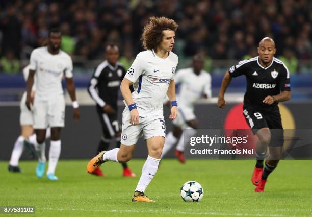 David Luiz of Chelsea in action during the UEFA Champions League group C match between Qarabag FK and Chelsea FC at Baki Olimpiya Stadionu on...