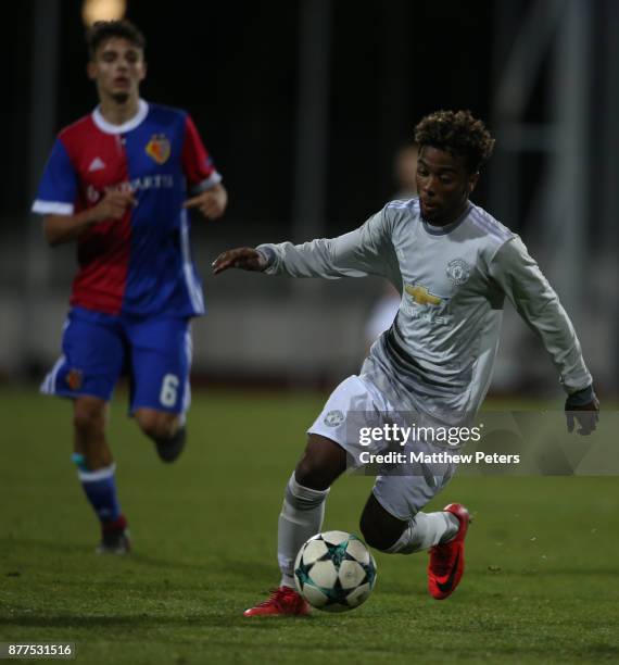 Angel Gomes of Manchester United U19s in action during the UEFA Youth League match between FC Basel U19s and Manchester United U19s at Leichtathletik...