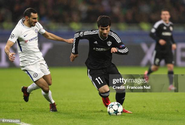 Mahir Madatov of Qarabag FK and Davide Zappacosta of Chelsea battle for posession during the UEFA Champions League group C match between Qarabag FK...