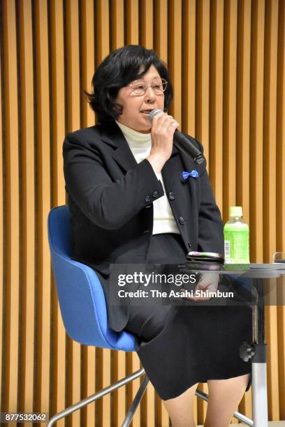 Hitomi Soga, former abductee by North Korean, talks during a session 40 years after Megumi Yokota was snatched by North Korean agents on November 15,...