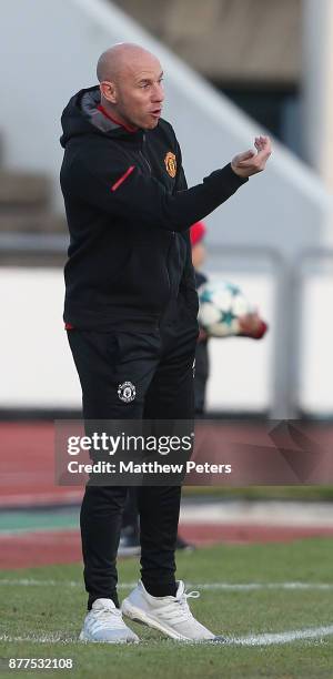 Manager Nicky Butt of Manchester United U19s watches from the touchline during the UEFA Youth League match between FC Basel U19s and Manchester...