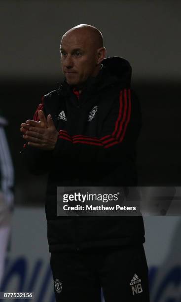 Manager Nicky Butt of Manchester United U19s watches from the touchline during the UEFA Youth League match between FC Basel U19s and Manchester...