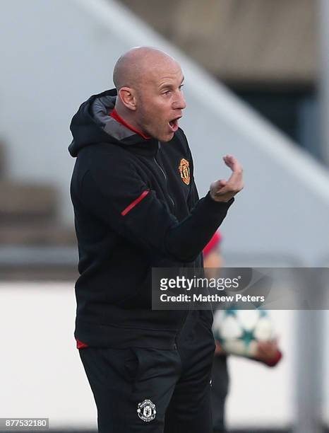 Manager Nicky Butt of Manchester United U19s watches from the touchline during the UEFA Youth League match between FC Basel U19s and Manchester...