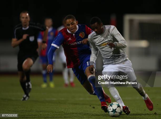 Josh Bohui of Manchester United U19s in action during the UEFA Youth League match between FC Basel U19s and Manchester United U19s at Leichtathletik...