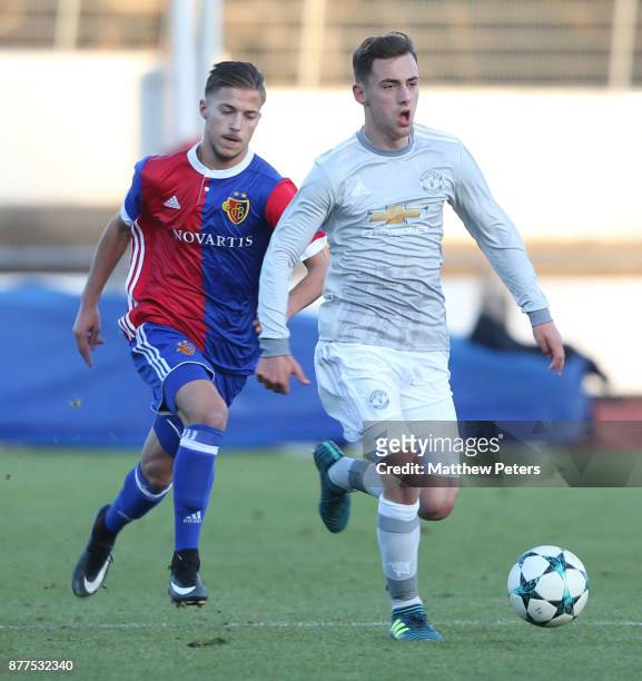 Lee O'Connor of Manchester United U19s in action during the UEFA Youth League match between FC Basel U19s and Manchester United U19s at...