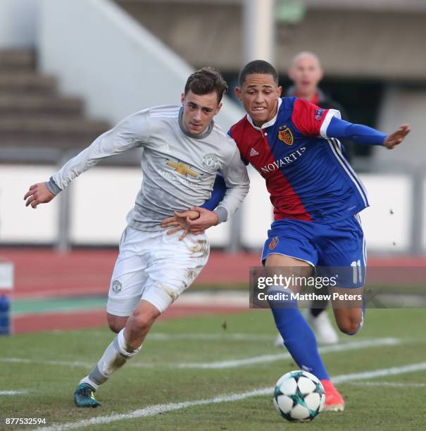 Lee O'Connor of Manchester United U19s in action during the UEFA Youth League match between FC Basel U19s and Manchester United U19s at...