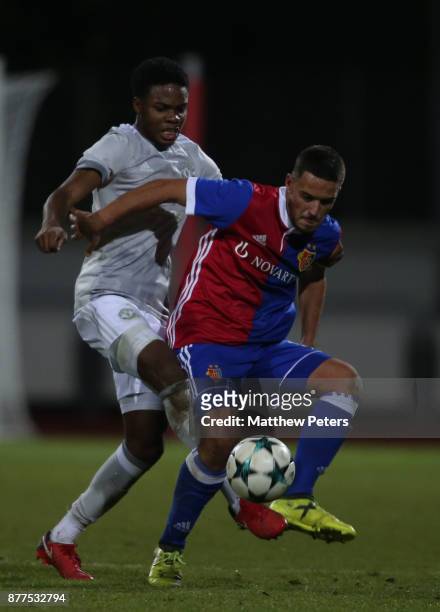 Tyrell Warren of Manchester United U19s in action during the UEFA Youth League match between FC Basel U19s and Manchester United U19s at...