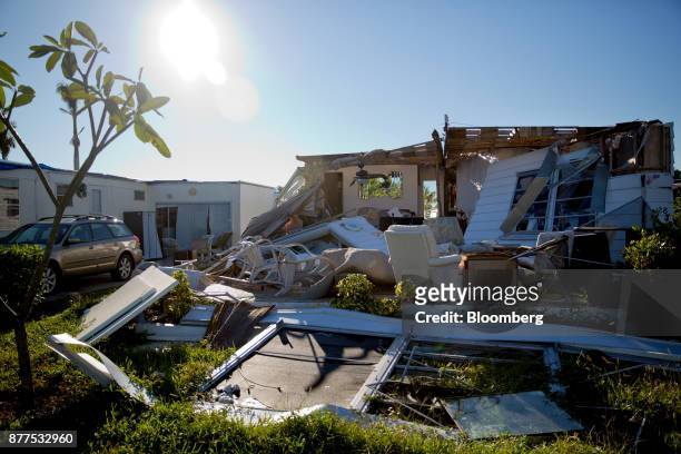 Mobile home damaged by Hurricane Irma is seen at the Riviera Colony neighborhood in Naples, Florida, U.S., on Monday, Oct. 30, 2017. Hurricane...