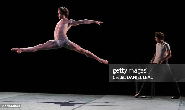 Dancer and producer Ivan Putrov and a male dancer take part in a full dress rehearsal for Putrov's forthcoming show 'Men in Motion', at the London...