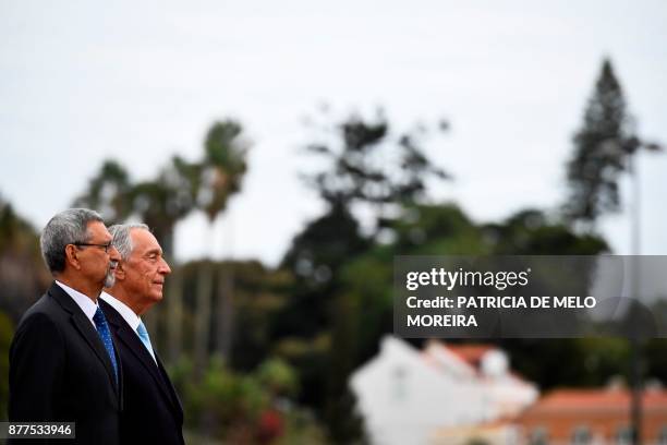 Portuguese President Marcelo Rebelo de Sousa and his Cape Verdean counterpart Jorge Carlos Fonseca listen to the national anthems during a visit to...