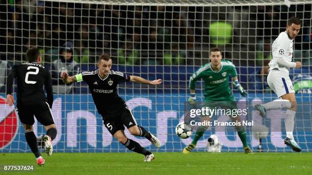 Eden Hazard of Chelsea in action during the UEFA Champions League group C match between Qarabag FK and Chelsea FC at Baki Olimpiya Stadionu on...