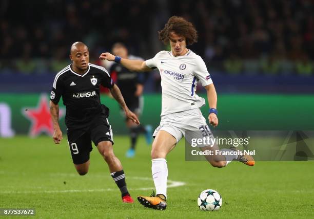 David Luiz of Chelsea in action during the UEFA Champions League group C match between Qarabag FK and Chelsea FC at Baki Olimpiya Stadionu on...