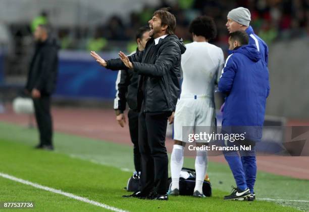 Antonio Conte, Manager of Chelsea gives instruction to his team during the UEFA Champions League group C match between Qarabag FK and Chelsea FC at...
