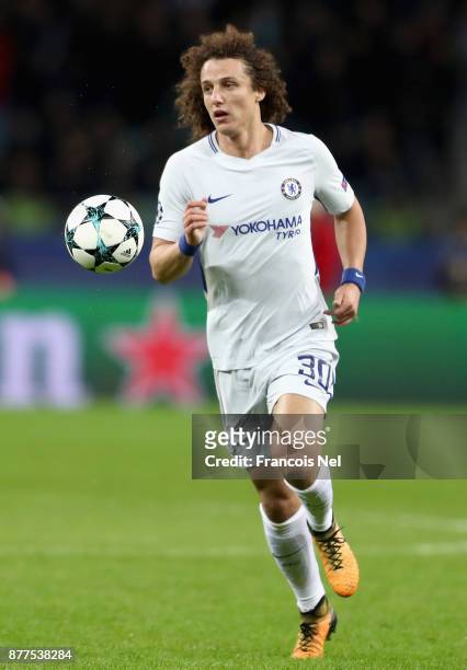 David Luiz of Chelsea in action during the UEFA Champions League group C match between Qarabag FK and Chelsea FC at Baki Olimpiya Stadionu on...