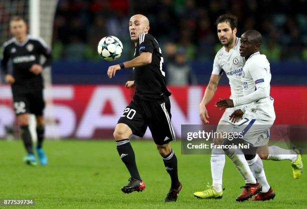 Richard Almeida of Qarabag FK in action during the UEFA Champions League group C match between Qarabag FK and Chelsea FC at Baki Olimpiya Stadionu on...