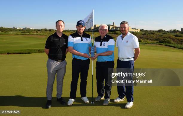 Paul Bradshaw of Holme Hall Golf Club and Chris Hall, Captain of Holme Hall Golf Club pose with the trophy and James Holmes, SkyCaddie UK and...