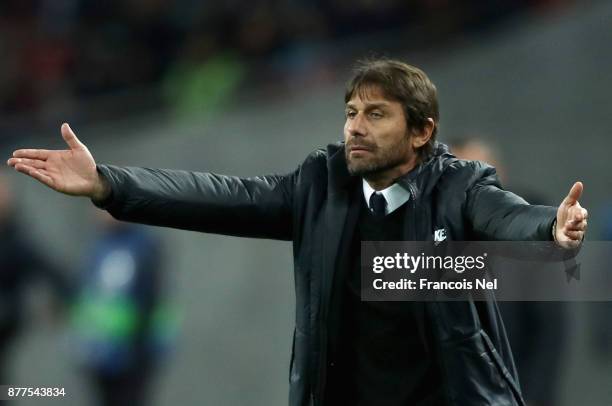 Antonio Conte, Manager of Chelsea reacts during the UEFA Champions League group C match between Qarabag FK and Chelsea FC at Baki Olimpiya Stadionu...