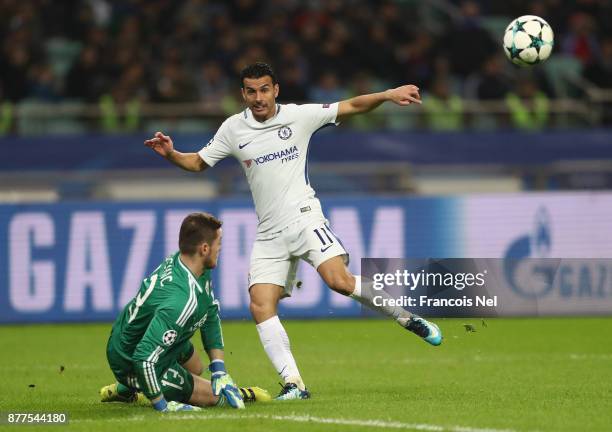 Pedro of Chelsea shoots towards Ibrahim Sehic of Qarabag FK during the UEFA Champions League group C match between Qarabag FK and Chelsea FC at Baki...