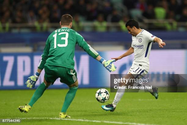 Pedro of Chelsea shoots towards Ibrahim Sehic of Qarabag FK during the UEFA Champions League group C match between Qarabag FK and Chelsea FC at Baki...