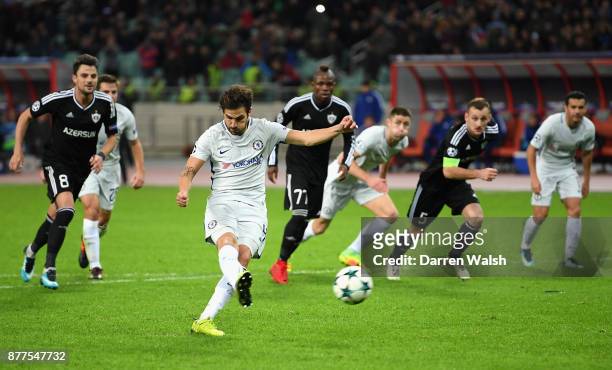 Cesc Fabregas of Chelsea scores his sides third goal from the penalty spot during the UEFA Champions League group C match between Qarabag FK and...