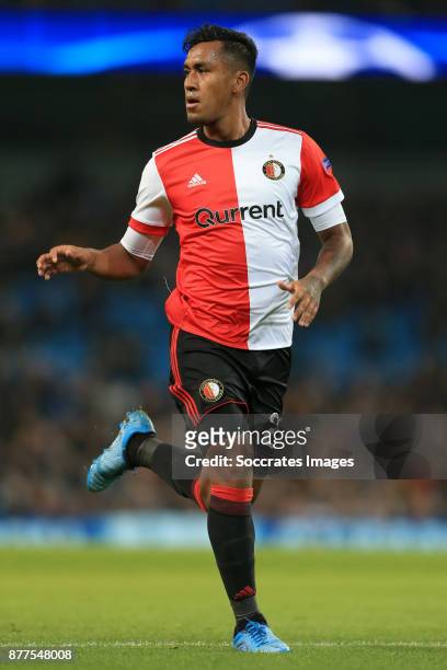 Renato Tapia of Feyenoord during the UEFA Champions League match between Manchester City v Feyenoord at the Etihad Stadium on November 21, 2017 in...