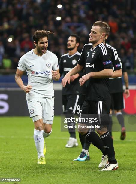 Cesc Fabregas of Chelsea celebrates after scoring his sides third goal during the UEFA Champions League group C match between Qarabag FK and Chelsea...