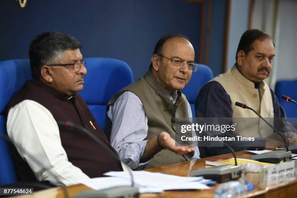 Union Finance Minister Arun Jaitley and Minister of Law and Justice Ravi Shankar Prasad during cabinet briefing at PIB on November 22, 2017 in New...