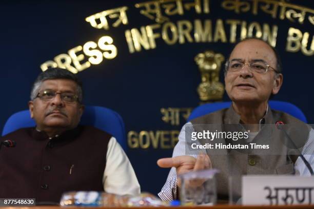 Union Finance Minister Arun Jaitley and Minister of Law and Justice Ravi Shankar Prasad during cabinet briefing at PIB on November 22, 2017 in New...