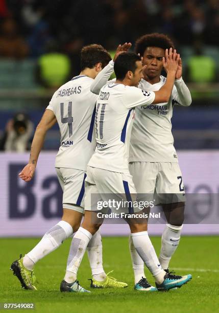 Willian of Chelsea celebrates after scoring his sides fourth goal with Pedro of Chelsea and Cesc Fabregas of Chelsea during the UEFA Champions League...