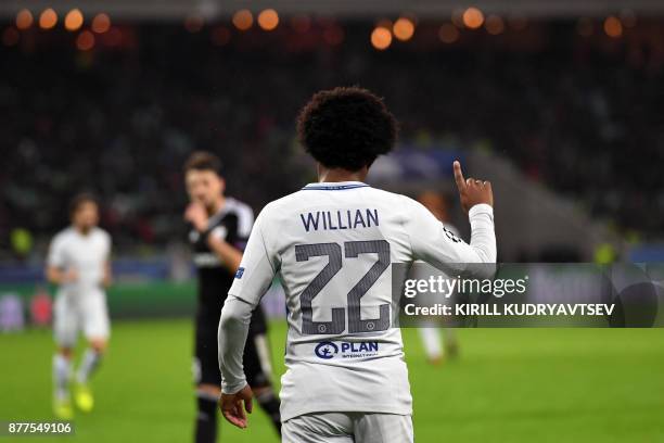 Chelsea's midfielder from Brazil Willian gestures during the UEFA Champions League Group C football match between Qarabag FK and Chelsea FC in Baku...