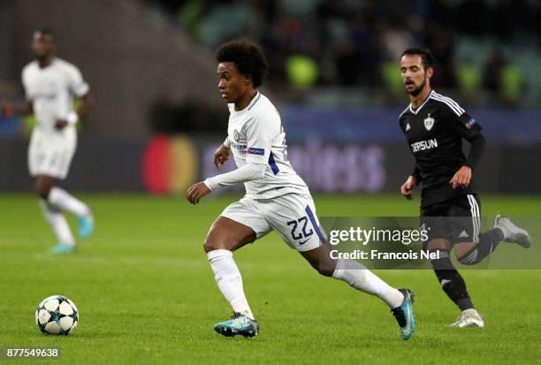 Willian of Chelsea in action during the UEFA Champions League group C match between Qarabag FK and Chelsea FC at Baki Olimpiya Stadionu on November...