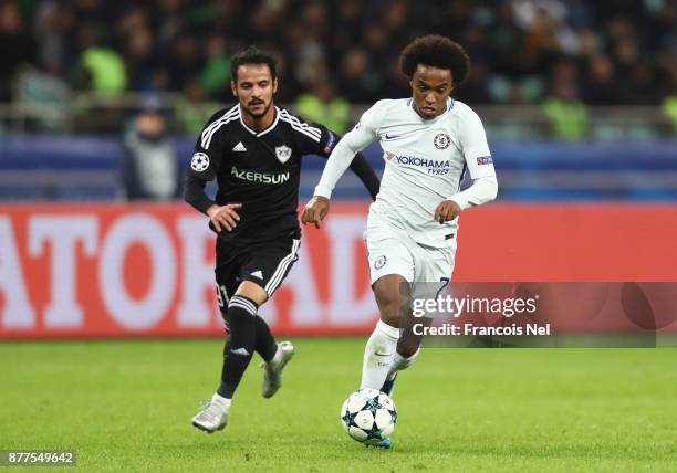 Willian of Chelsea in action during the UEFA Champions League group C match between Qarabag FK and Chelsea FC at Baki Olimpiya Stadionu on November...