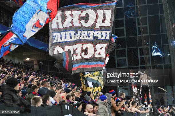 Moscow's fans during the UEFA Champions League Group A football match between PFC CSKA Moscow and SL Benfica at the VEB Arena stadium in Moscow on...
