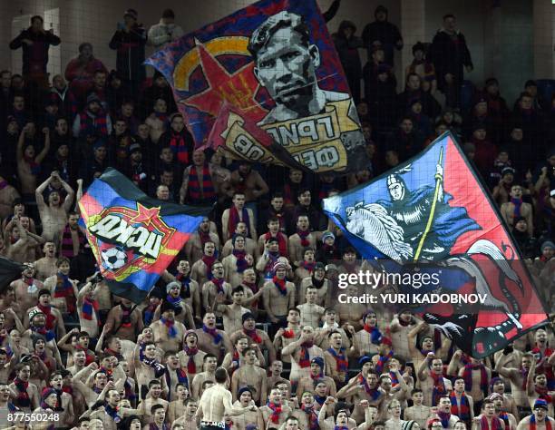 Moscow's fans during the UEFA Champions League Group A football match between PFC CSKA Moscow and SL Benfica at the VEB Arena stadium in Moscow on...