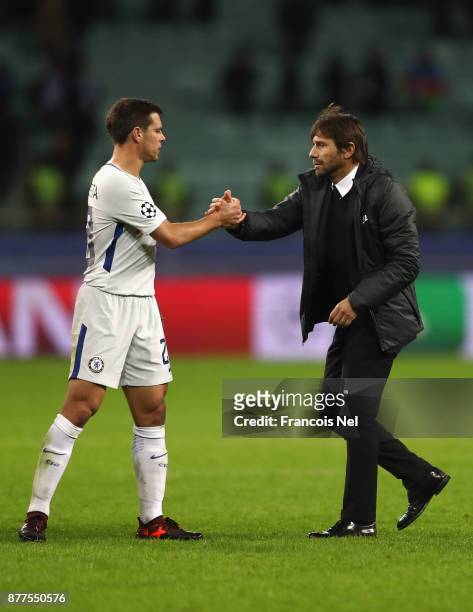 Antonio Conte , Manager of Chelsea shakes hands with Cesar Azpilicueta of Chelsea after the UEFA Champions League group C match between Qarabag FK...