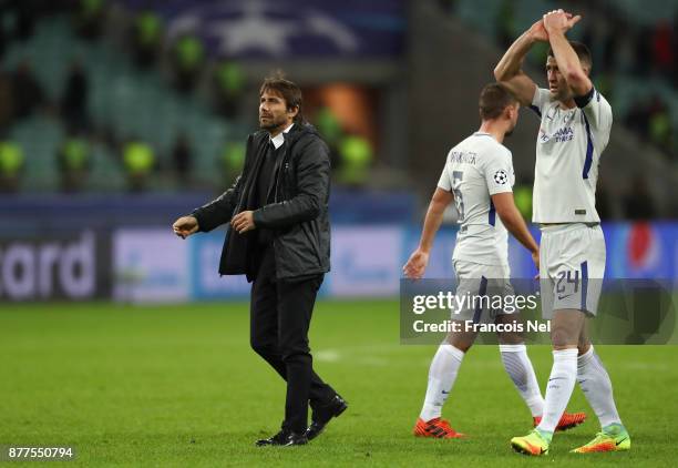 Antonio Conte, Manager of Chelsea celebrates victory with Gary Cahill after the UEFA Champions League group C match between Qarabag FK and Chelsea FC...