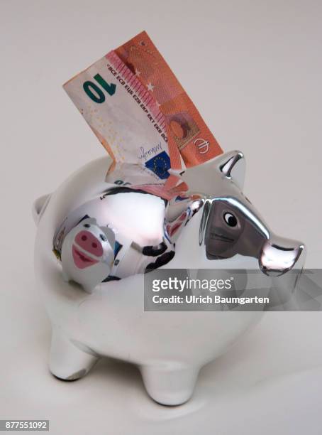 Symbol photo on the topic of saving money. The photo shows a piggy bank with a ten euro banknote.