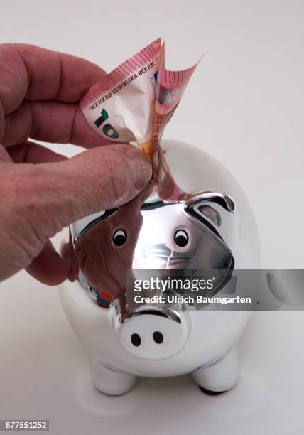 Symbol photo on the topic of saving money. The photo shows a piggy bank and a hand with a ten euro banknote.