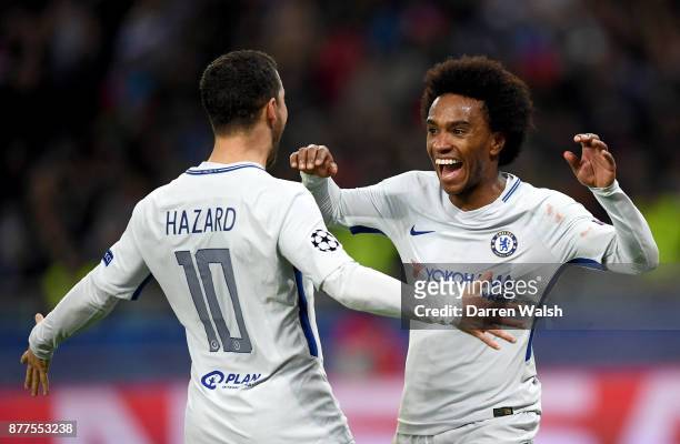 Willian of Chelsea celebrates with Eden Hazard of Chelsea after he scores his sides second goal during the UEFA Champions League group C match...