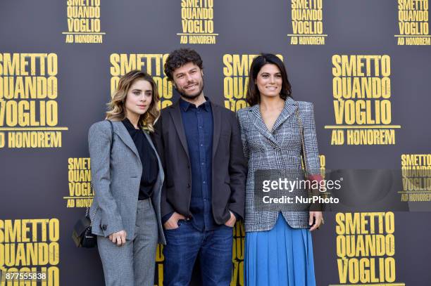 Greta Scarano,Sydney Sibilia, Valeria Solarino during the photocall film Smetto quando voglio Ad Honorem at Cinema Moderno, in Rome, on november 22,...