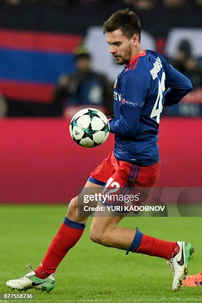 Moscow's defender from Russia Georgy Shchennikov controls the ball during the UEFA Champions League Group A football match between PFC CSKA Moscow...