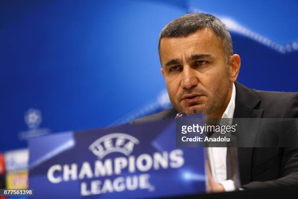 Head coach Kurban Kurbanov of Qarabag holds a press conference after the UEFA Champions League Group C soccer match between Qarabag and Chelsea at...