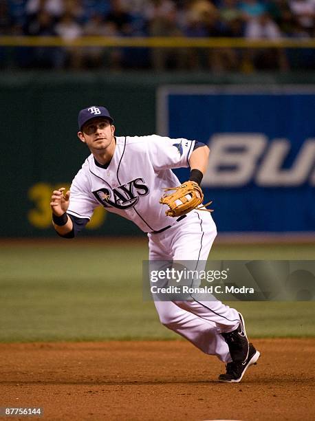 Evan Longoria of theTampa Bay Rays gets ready to field a ball during a MLB game against the Cleveland Indians at Tropicana Field on May 14, 2009 in...