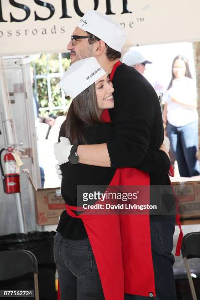 Actress Emmy Rossum and writer/producer Sam Esmail are seen at the Los Angeles Mission Thanksgiving Meal for the homeless at the Los Angeles Mission...