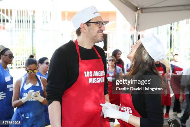 Writer/producer Sam Esmail and actress Emmy Rossum are seen at the Los Angeles Mission Thanksgiving Meal for the homeless at the Los Angeles Mission...