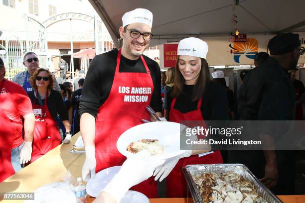 Writer/producer Sam Esmail and actress Emmy Rossum are seen at the Los Angeles Mission Thanksgiving Meal for the homeless at the Los Angeles Mission...
