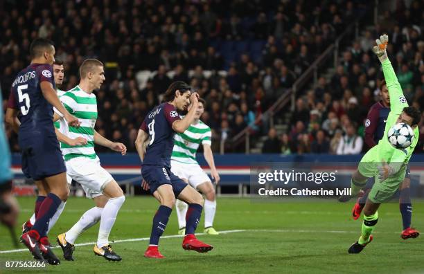 Edinson Cavani of PSG scores his sides third goal during the UEFA Champions League group B match between Paris Saint-Germain and Celtic FC at Parc...