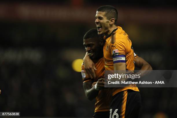 Ivan Cavaleiro of Wolverhampton Wanderers celebrates after scoring a goal to make it 2-0 with Conor Coady during the Sky Bet Championship match...